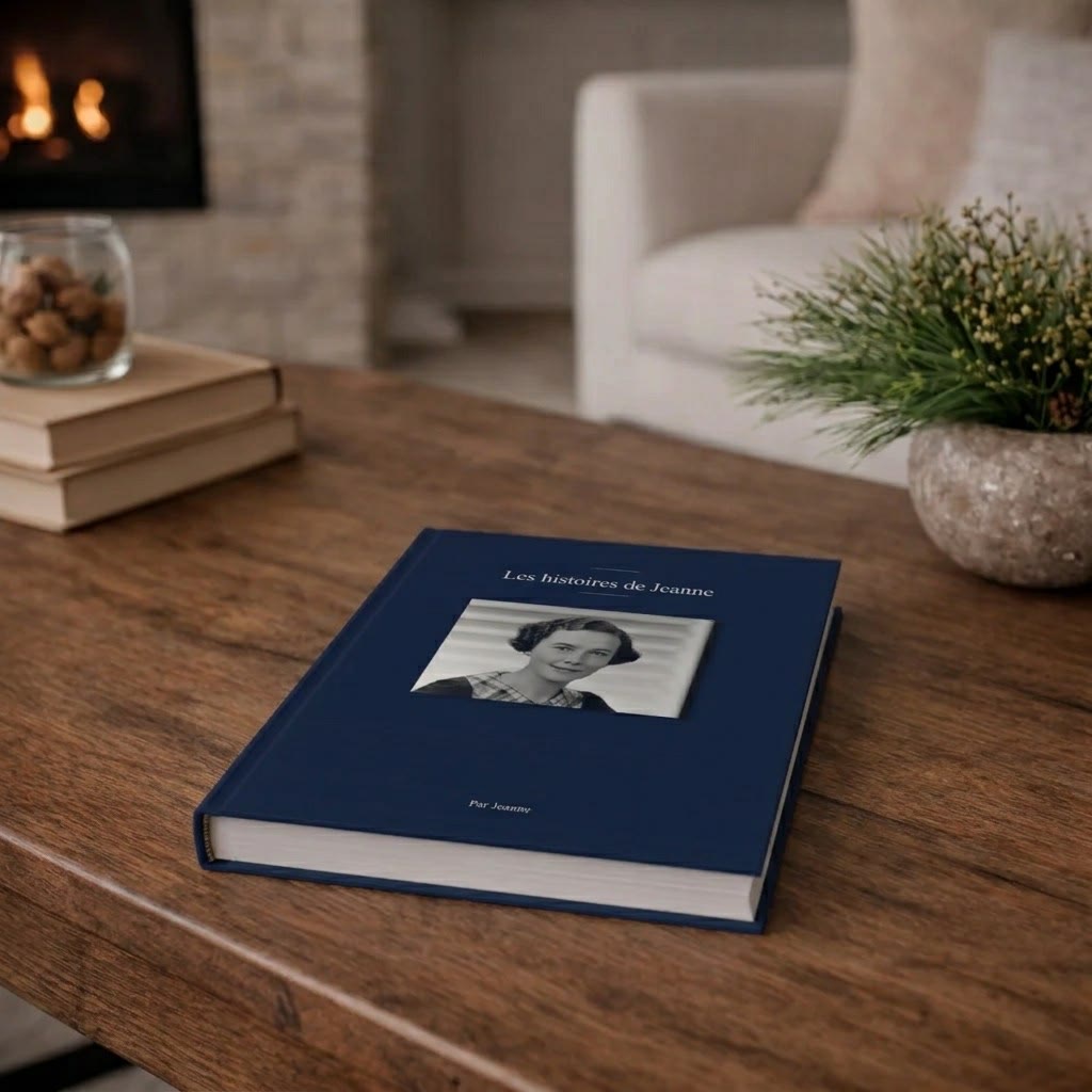 Le livre « Les histoires de Jeanne » posé sur une table basse en bois, dans un salon